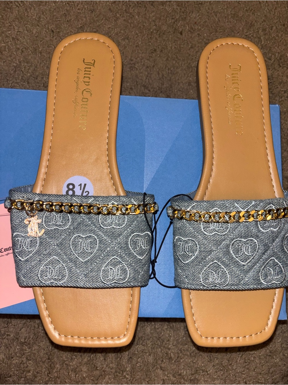 NWT Juicy Couture Denim Monogram Heart Chain Slide Sandals Slides Square Toe 8.5